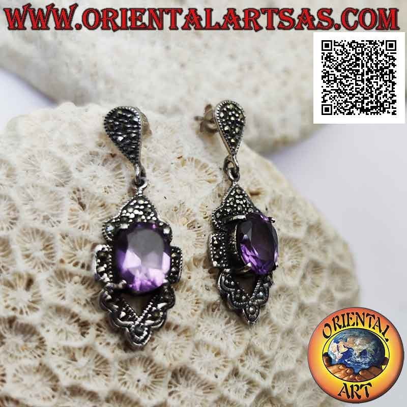 Boucles d'oreilles en argent sertie d'améthyste facettée naturelle faisant saillie sur une monture cloutée de marcassite