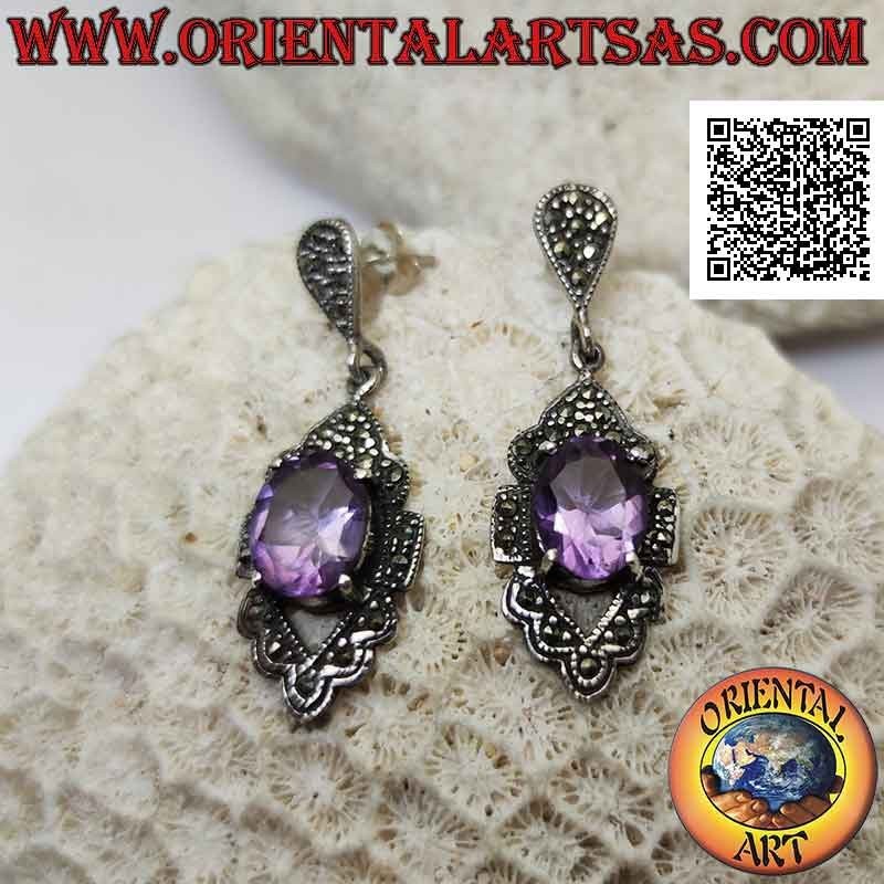 Silberohrringe mit natürlichem facettiertem Amethyst-Set, das auf einem mit Markasit besetzten Rahmen hervorsteht