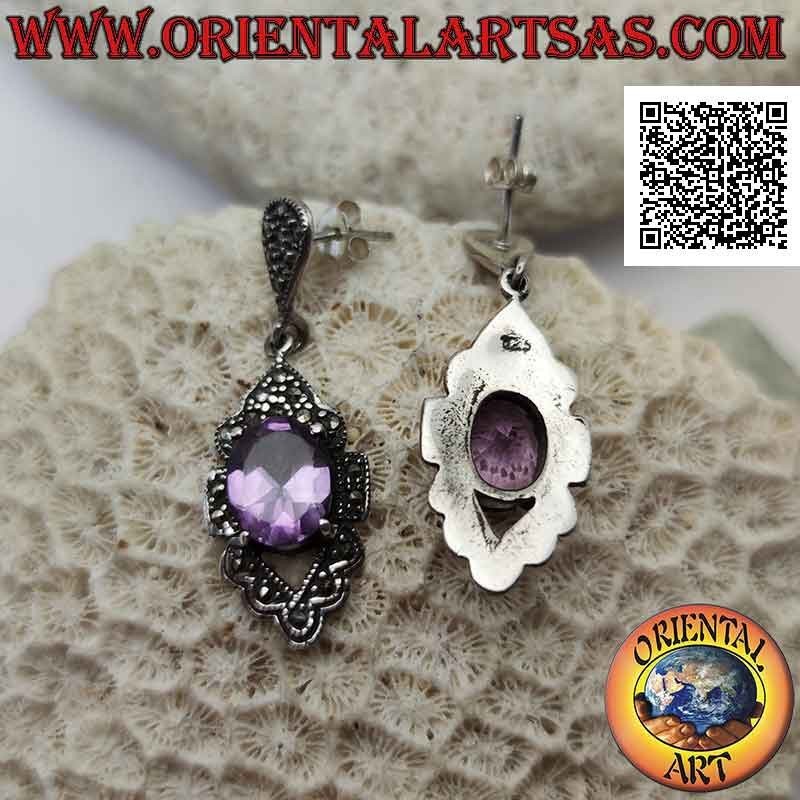 Silberohrringe mit natürlichem facettiertem Amethyst-Set, das auf einem mit Markasit besetzten Rahmen hervorsteht