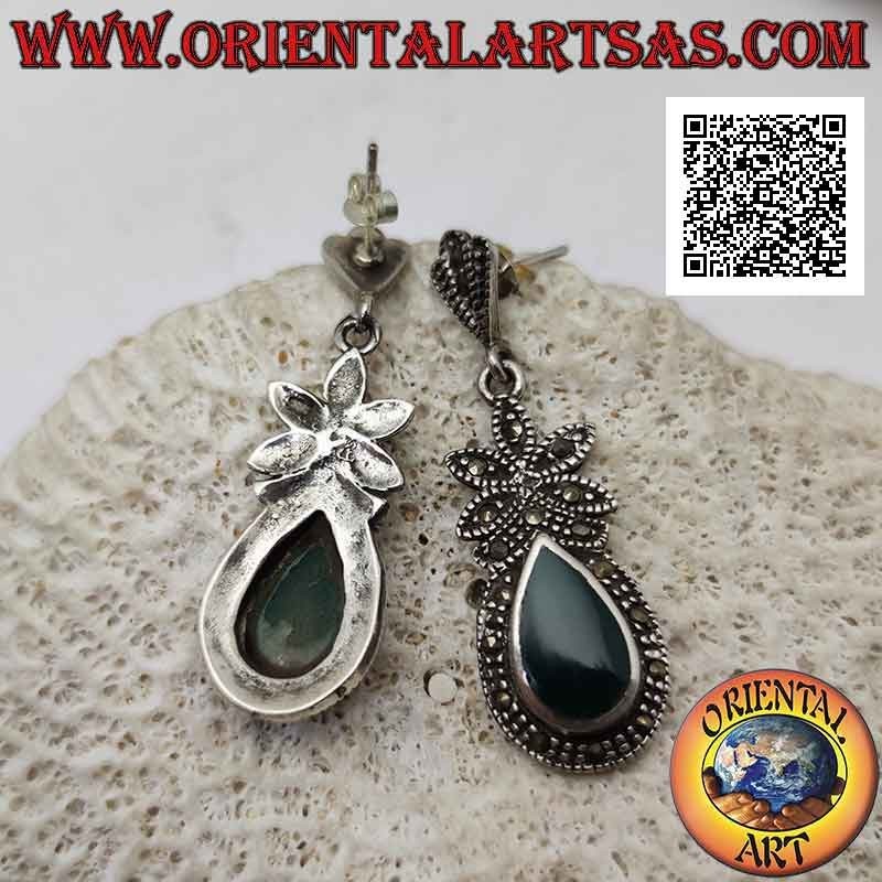 Silver earrings with green agate teardrop surrounded by marcasite and flower on top of marcasite