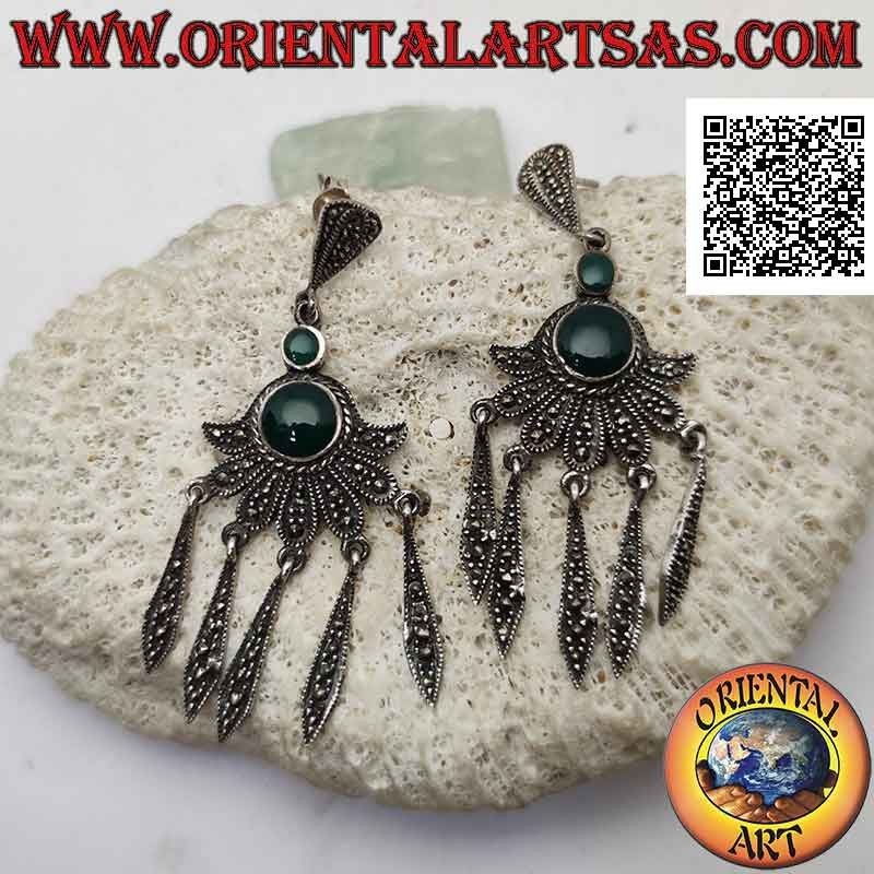 Pendientes de plata con doble ágata verde redonda en abanico con colgantes tachonados de marcasita
