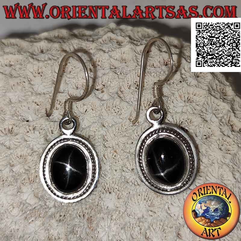 Silver earrings with cabochon oval Black Star (star diopside) and wide smooth edge with interweaving