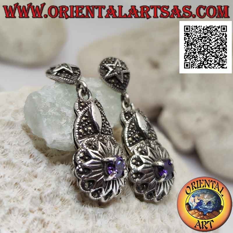 Boucles d'oreilles en argent cloutées de marcassite avec améthyste ronde sertie sur un dodécagramme (étoile à douze branches)