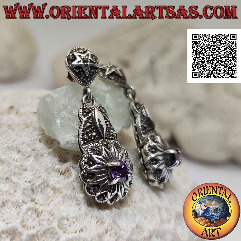 Silver earrings studded with marcasite with round amethyst set on a dodecagram (twelve-pointed star)