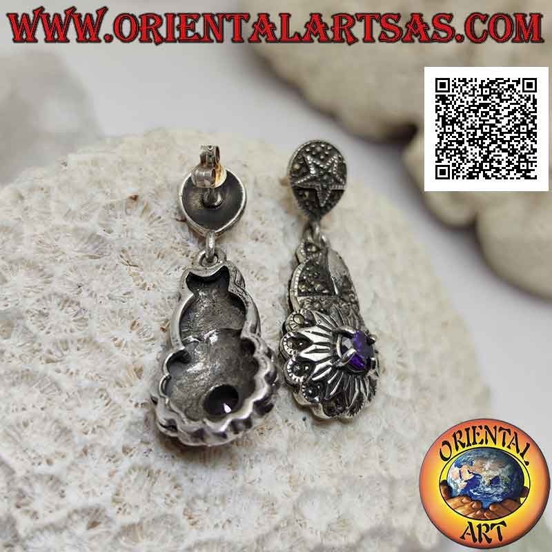 Mit Markasit besetzte silberne Ohrringe mit rundem Amethyst auf einem Dodekagramm (zwölfzackiger Stern)