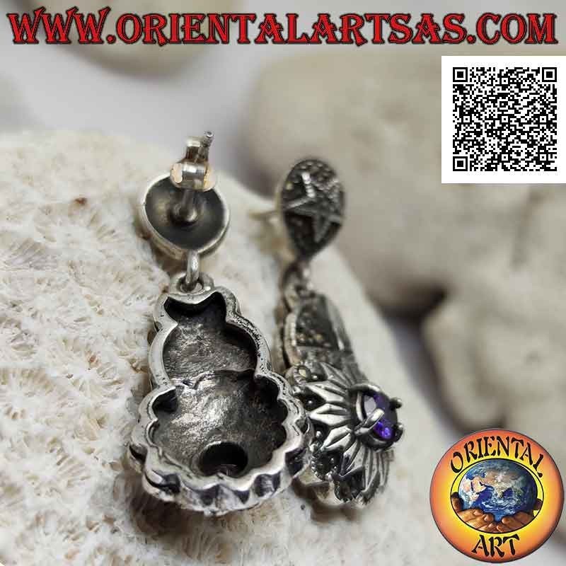 Silver earrings studded with marcasite with round amethyst set on a dodecagram (twelve-pointed star)