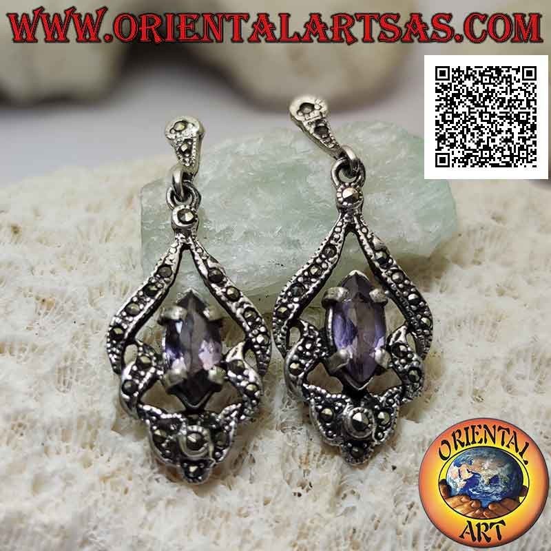 Pendientes de plata con amatista lanzadera natural en engaste perforado abstracto tachonado de marcasita