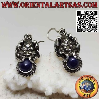 Silver earrings, Dragon head with lapis lazuli in the mouth
