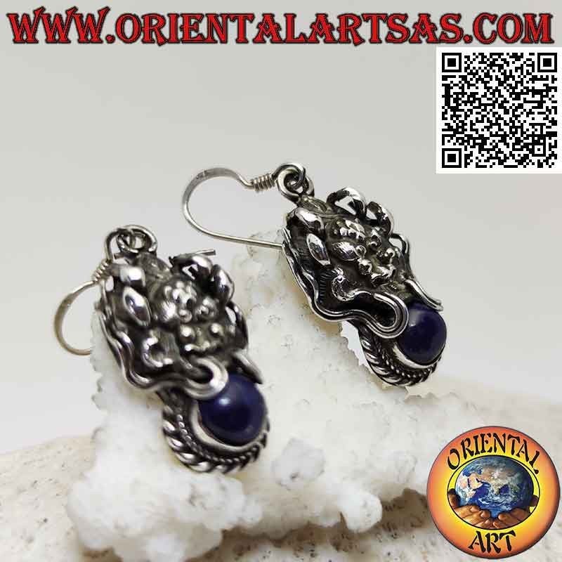 Silver earrings, Dragon head with lapis lazuli in the mouth