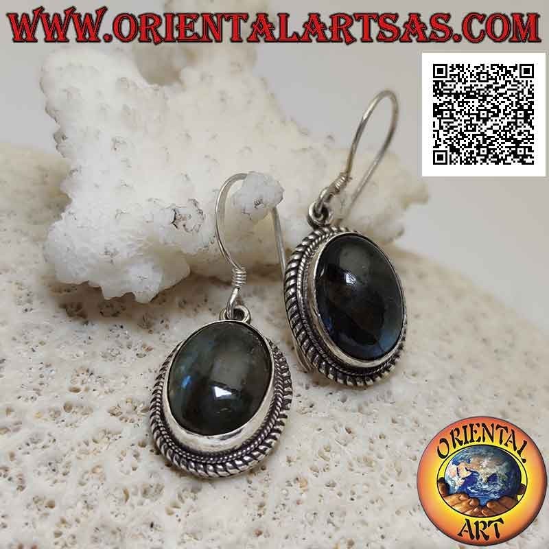 Silver earrings with cabochon oval labradorite surrounded by weaving