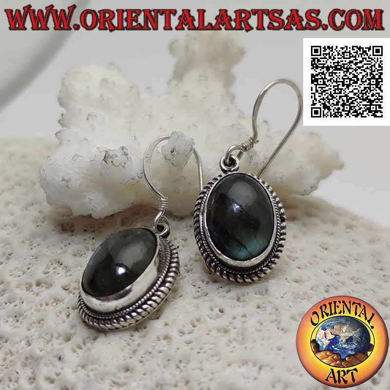 Boucles d'oreilles en argent avec cabochon ovale labradorite entouré de tissage
