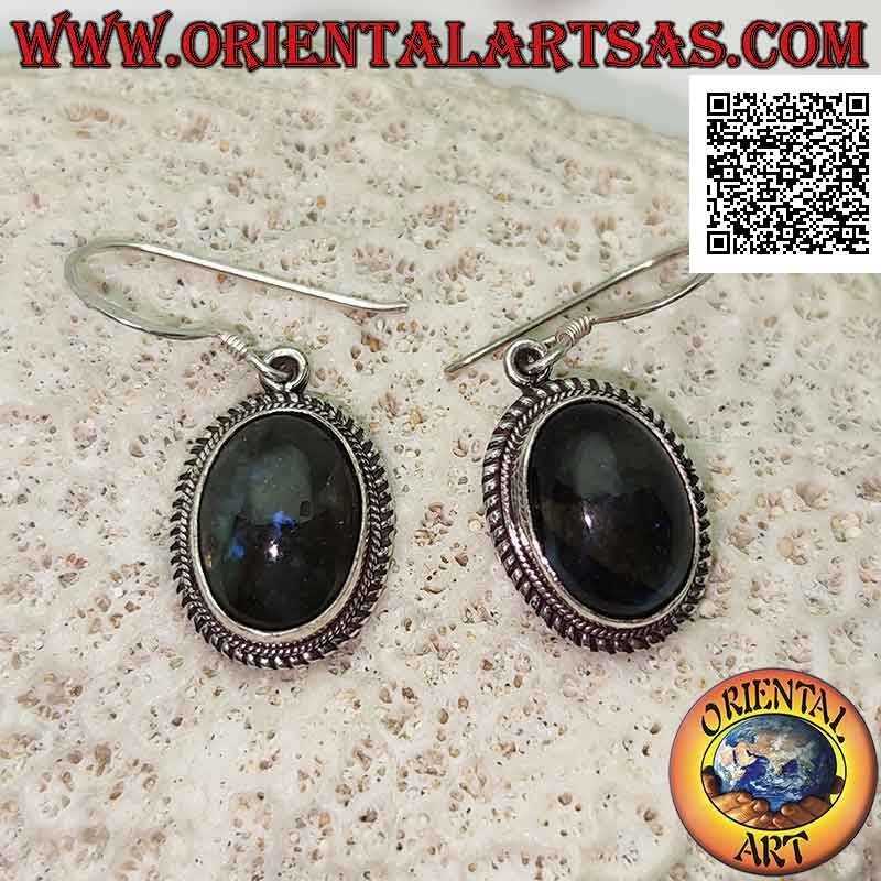 Silver earrings with cabochon oval labradorite surrounded by weaving