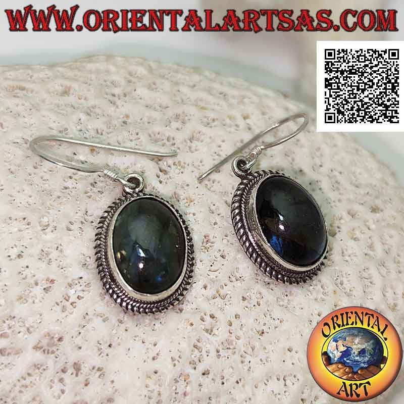 Silver earrings with cabochon oval labradorite surrounded by weaving