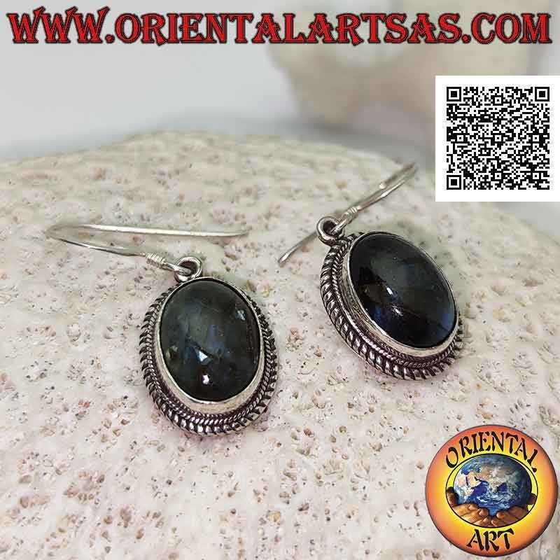 Boucles d'oreilles en argent avec cabochon ovale labradorite entouré de tissage