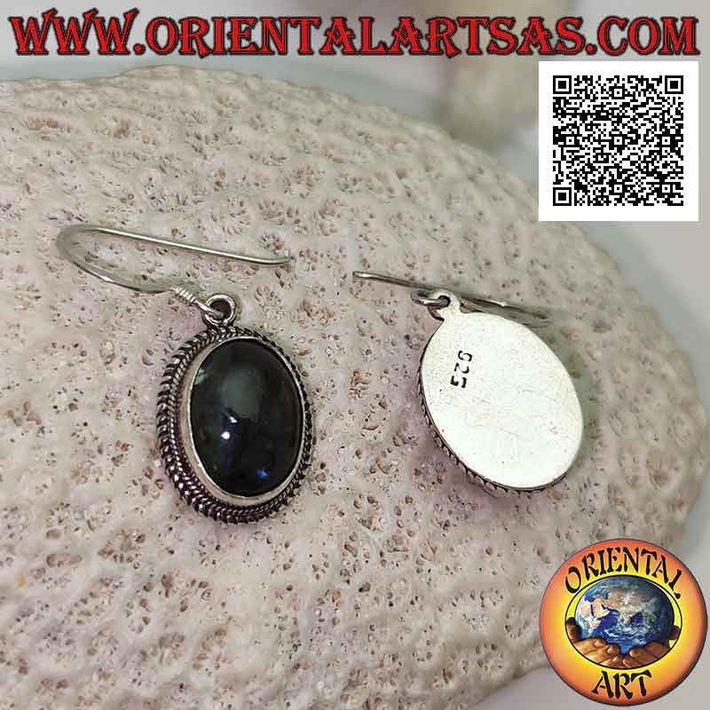 Boucles d'oreilles en argent avec cabochon ovale labradorite entouré de tissage