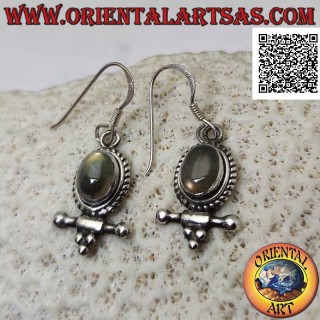 Silver earrings with cabochon oval labradorite surrounded by interlacing and stick with balls underneath