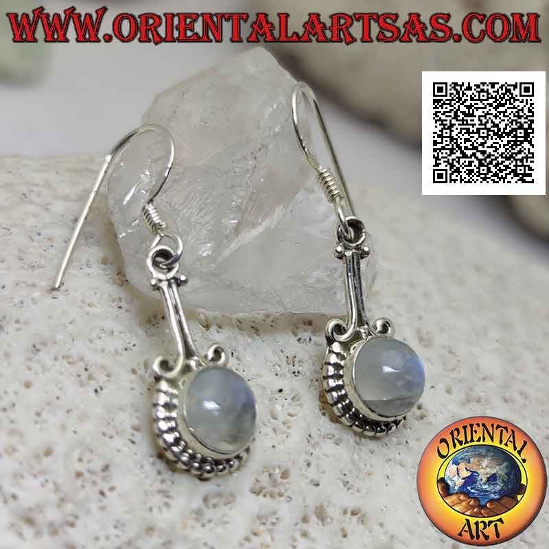 Silver earrings with cabochon round moonstone surrounded by balls attached by two small arches
