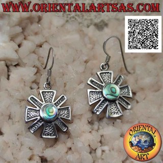 Orecchini in argento a forma di doppia croce con paua shell (abalone) tonda a filo bordo centrale