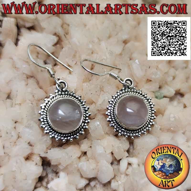 Silver earrings with round cabochon rose quartz and frame of trio of smooth balls