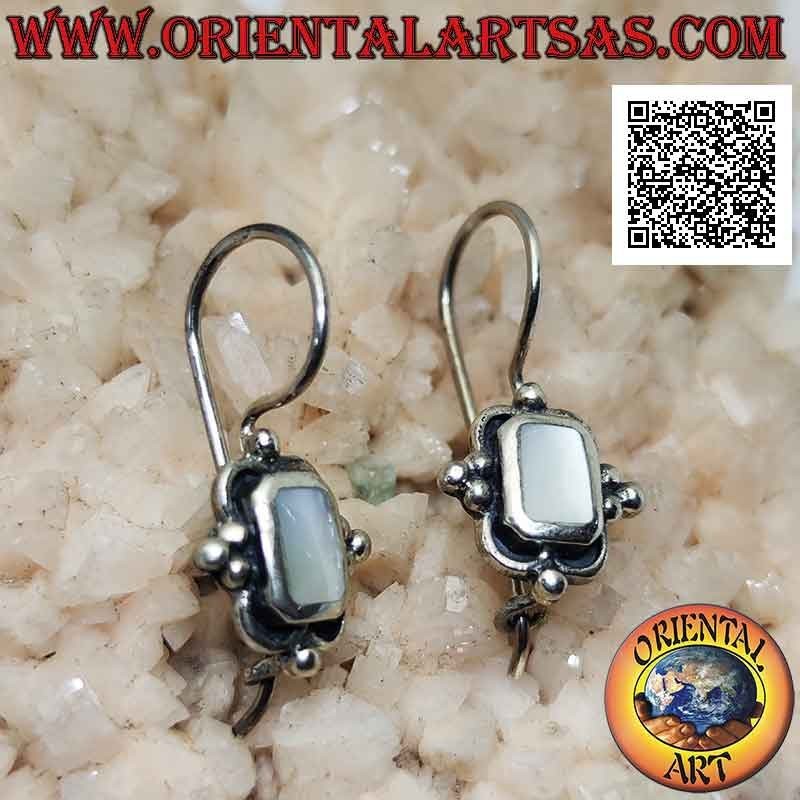 Silver leverback earrings with rectangular mother-of-pearl and balls on the cardinal points