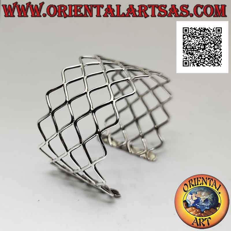 Wide openwork rigid bracelet in 925 ‰ silver, wavy lines forming rhombuses