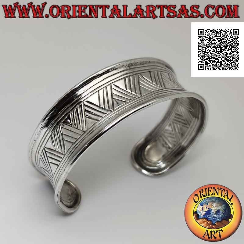 Brazalete rígido ancho cóncavo de plata 925 ‰ con grabado cuádruple de línea discontinua