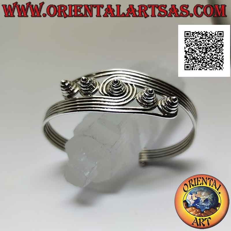 Pulsera rígida en plata 925 ‰ con 5 hilos terminados en espirales cónicos salientes