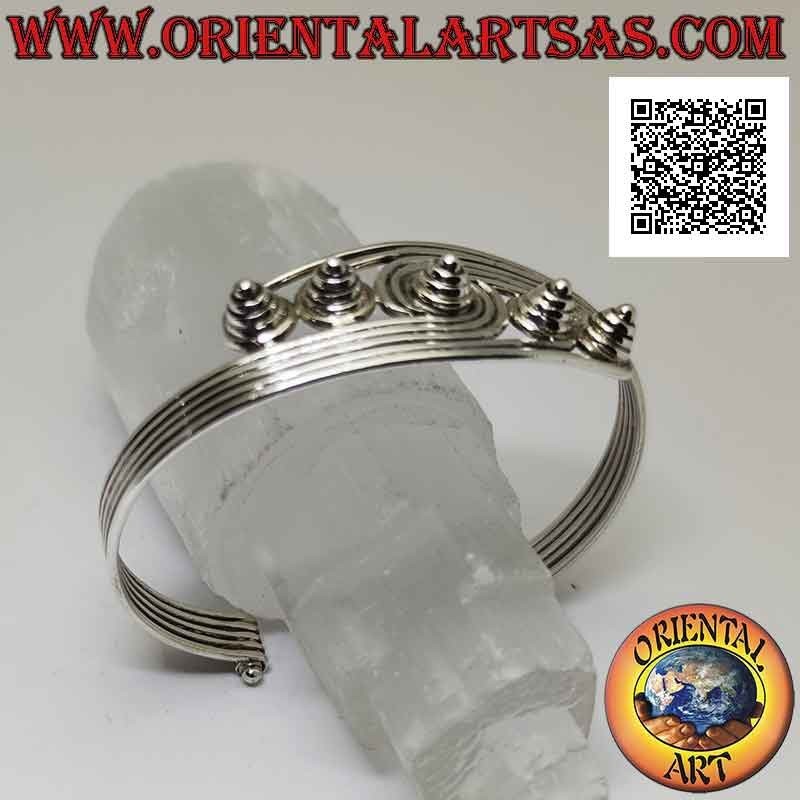 Rigid bracelet in 925 ‰ silver with 5 wires ending in conical protruding spirals