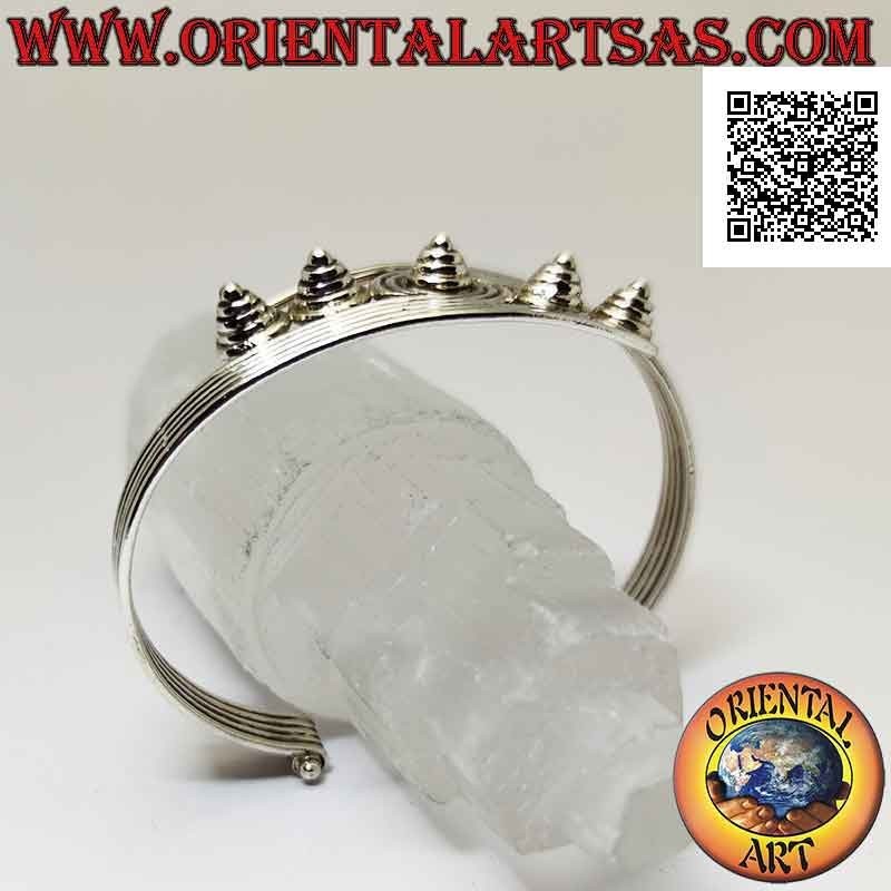 Bracelet rigide en argent 925 ‰ avec 5 fils se terminant par des spirales saillantes coniques