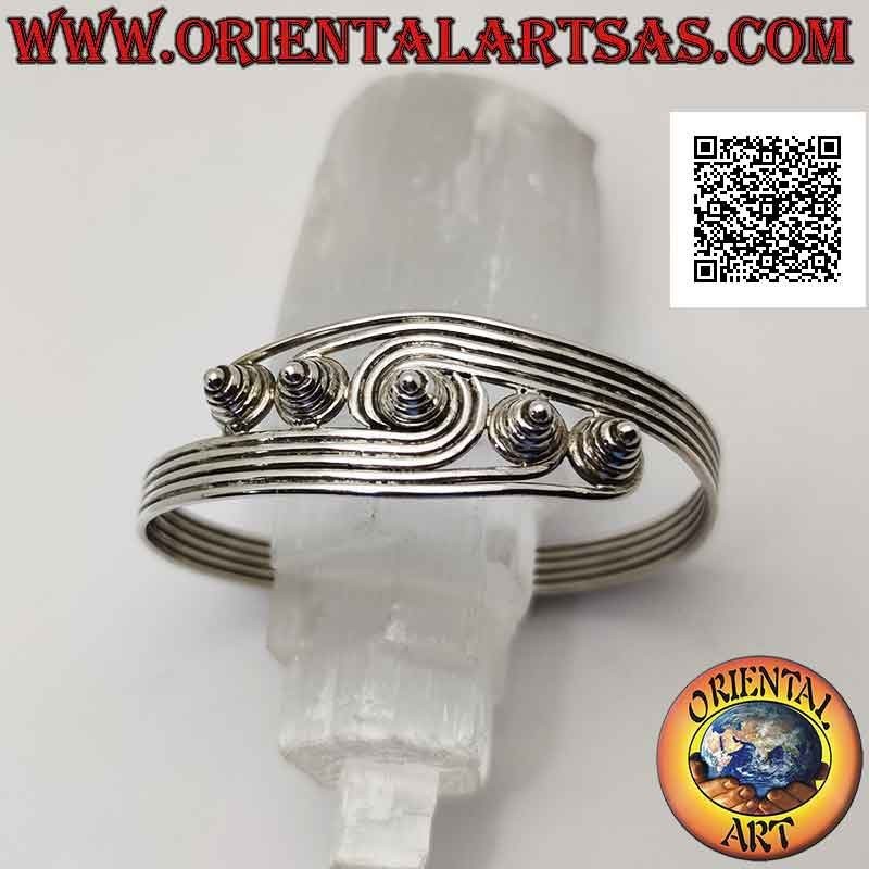 Starres Armband in 925 ‰ Silber mit 5 Drähten, die in konisch hervorstehenden Spiralen enden