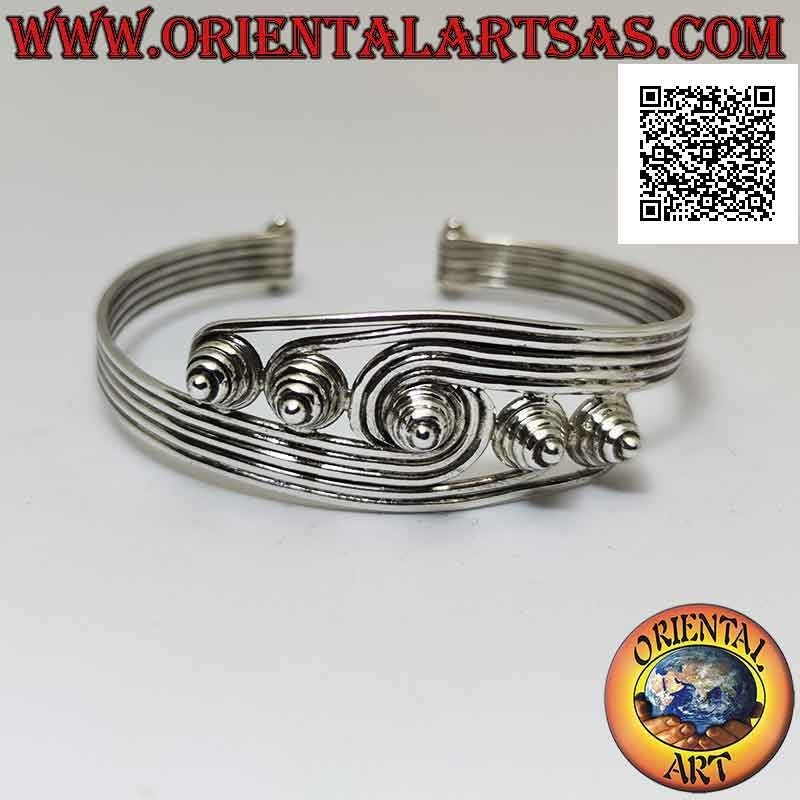 Starres Armband in 925 ‰ Silber mit 5 Drähten, die in konisch hervorstehenden Spiralen enden
