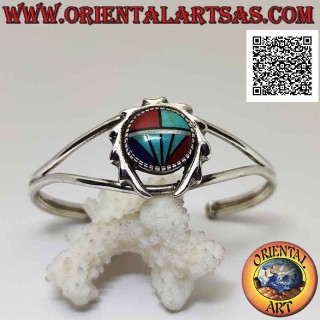 Pulsera rígida en plata 925 ‰ con mosaico redondo de turquesa, coral y lapisazuli rodeado de una corona dentada