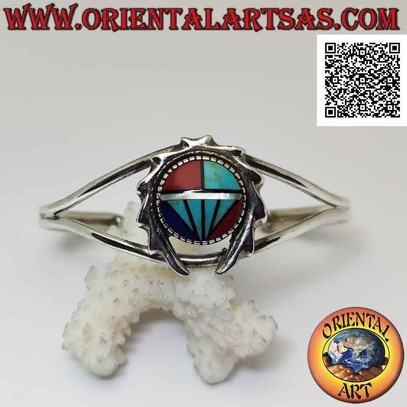 Bracelet rigide en argent 925 ‰ avec mosaïque ronde de turquoise, corail et lapisazuli entouré d'une couronne dentée