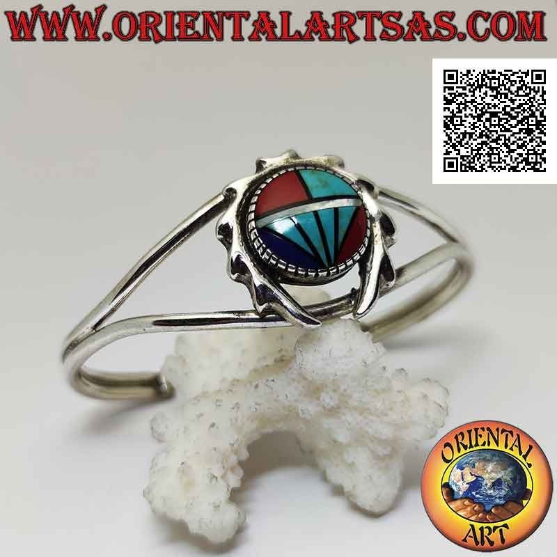 Pulsera rígida en plata 925 ‰ con mosaico redondo de turquesa, coral y lapisazuli rodeado de una corona dentada