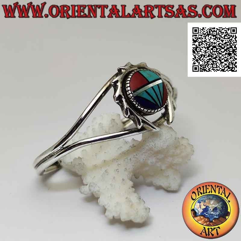 Bracelet rigide en argent 925 ‰ avec mosaïque ronde de turquoise, corail et lapisazuli entouré d'une couronne dentée
