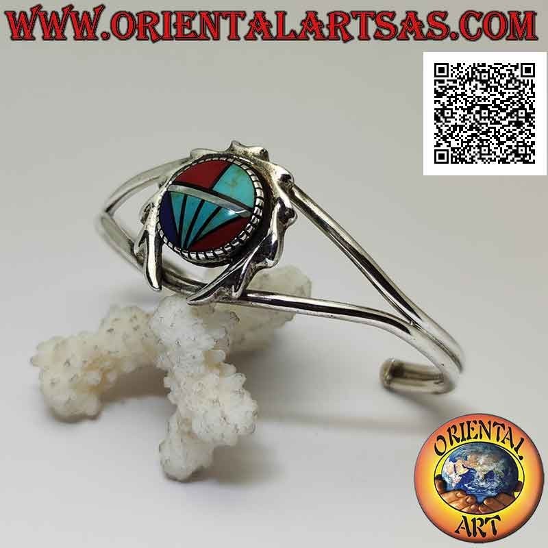 Pulsera rígida en plata 925 ‰ con mosaico redondo de turquesa, coral y lapisazuli rodeado de una corona dentada