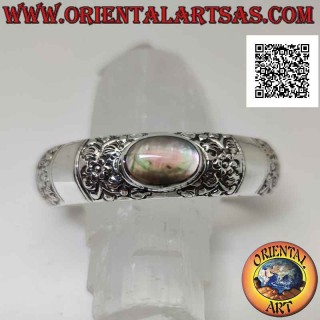 Bracciale rigido in argento 925‰ con decorazioni floreali e paua shell (abalone) ovale