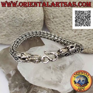 Pulsera tubular de plata 925 ‰ con eslabones entrelazados de doble hilo y cabeza de dragón en extremos de 21 cm