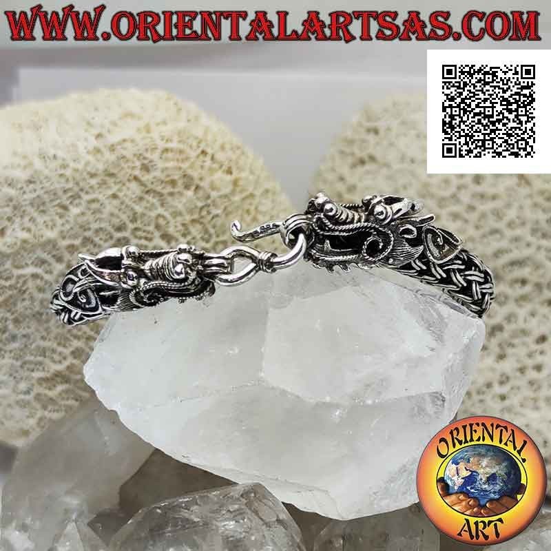 Pulsera tubular de plata 925 ‰ con eslabones entrelazados de doble hilo y cabeza de dragón en extremos de 21 cm