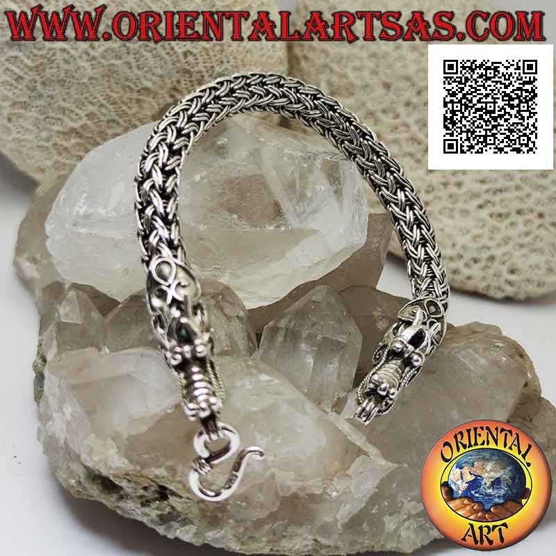 Bracelet tubulaire en argent 925 ‰ avec maillon entrelacé double rang et tête de dragon aux extrémités de 21 cm