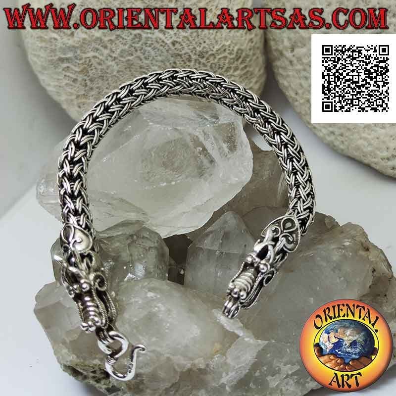 Bracelet tubulaire en argent 925 ‰ avec maillon entrelacé double rang et tête de dragon aux extrémités de 21 cm
