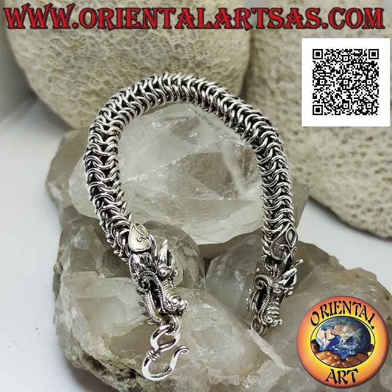 Pulsera tubular de plata 925 con malla elástica entrelazada y cabeza de dragón en los extremos de 20 cm