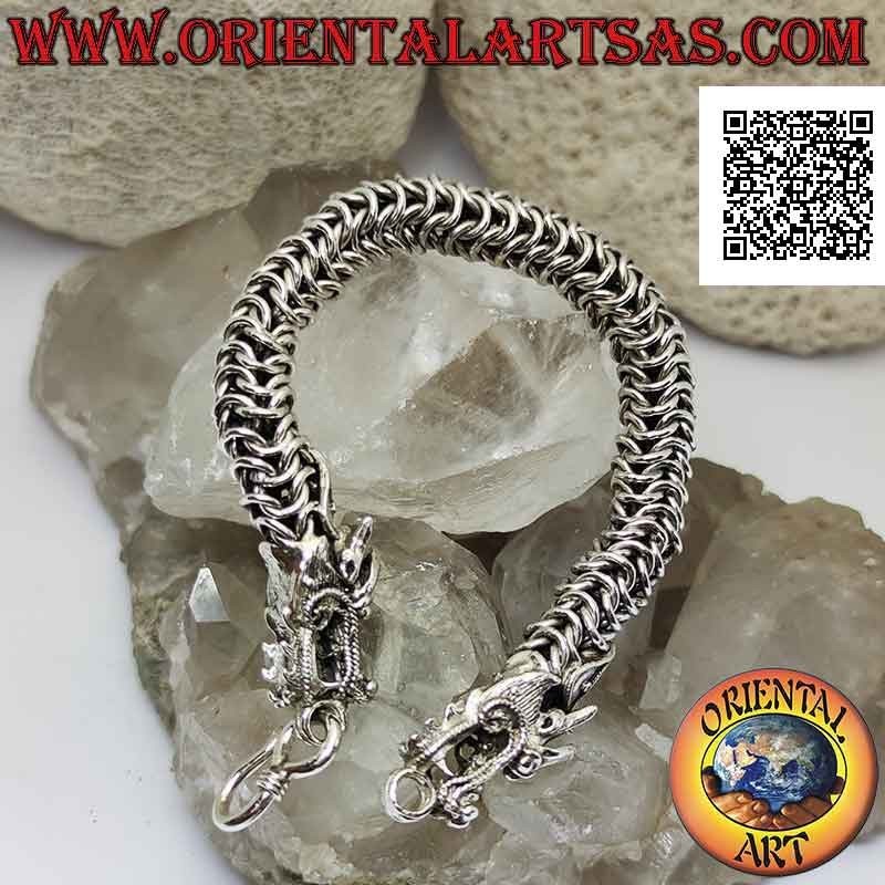 925 925 silver tubular bracelet with springy interlaced mesh and dragon head on the 20 cm ends