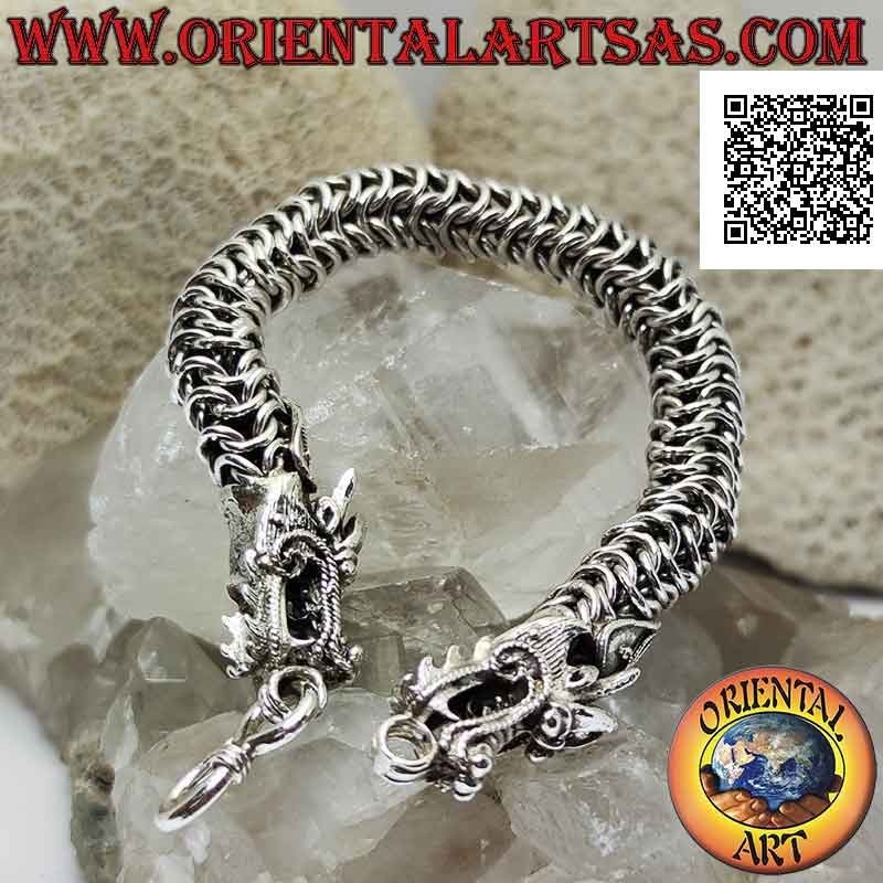Pulsera tubular de plata 925 con malla elástica entrelazada y cabeza de dragón en los extremos de 20 cm