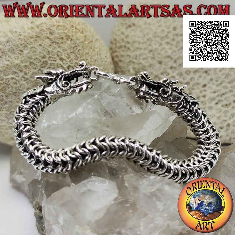 925 925 silver tubular bracelet with springy interlaced mesh and dragon head on the 20 cm ends