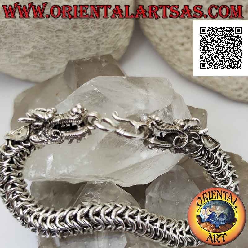 925 Bracelet tubulaire en argent 925 avec maille entrelacée élastique et tête de dragon sur les extrémités de 20 cm