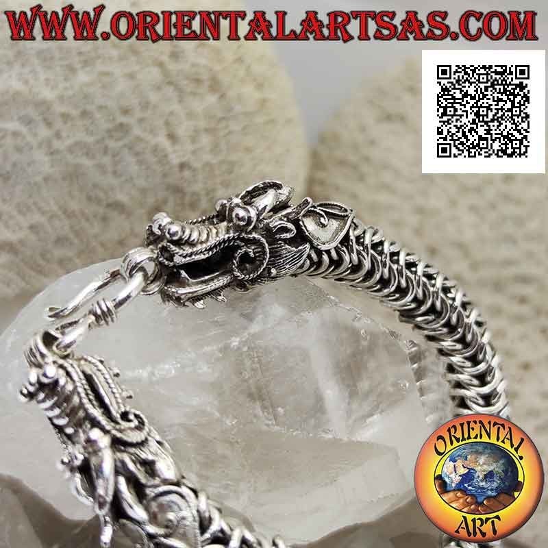 925 925 silver tubular bracelet with springy interlaced mesh and dragon head on the 20 cm ends