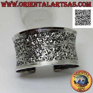 Bracelet rigide en argent 925 rigido concave de 35 mm de large avec motifs floraux ciselés à la main