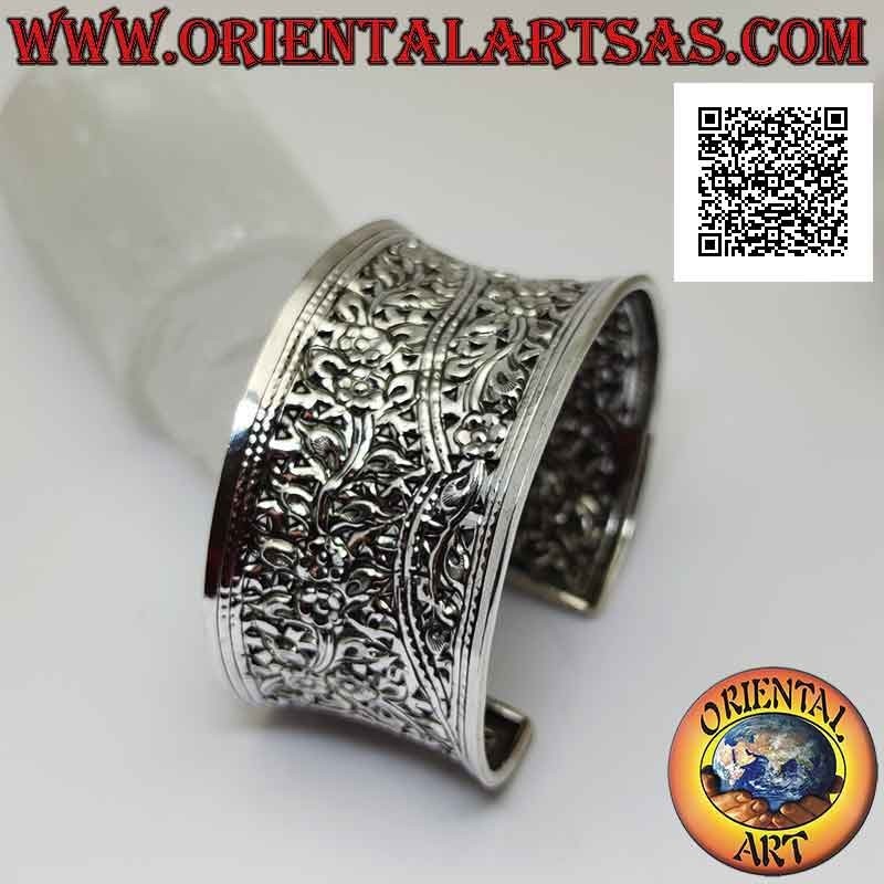 Bracelet rigide en argent 925 rigido concave de 35 mm de large avec motifs floraux ciselés à la main