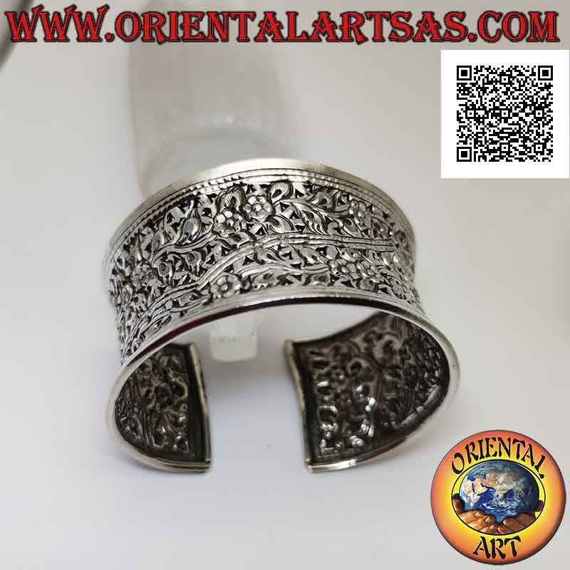 Bracelet rigide en argent 925 rigido concave de 35 mm de large avec motifs floraux ciselés à la main